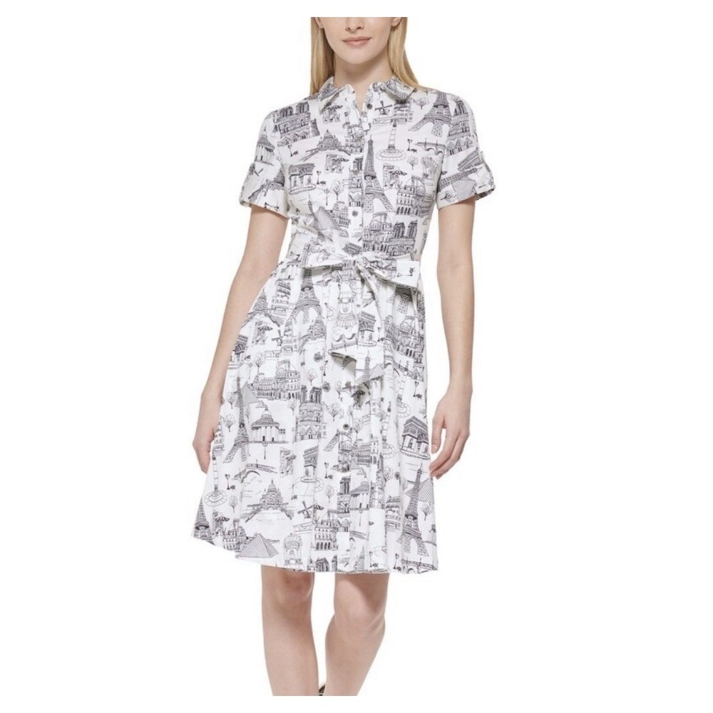 Karl Lagerfeld Paris Toile Dress White Black Women's Size 8 Parisian Chic A Line